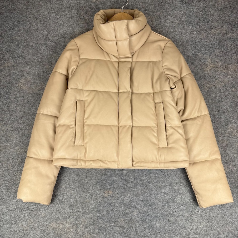 Abercrombie & Fitch A&F Vegan Leather Mini Puffer Jacket Beige Womens Small S